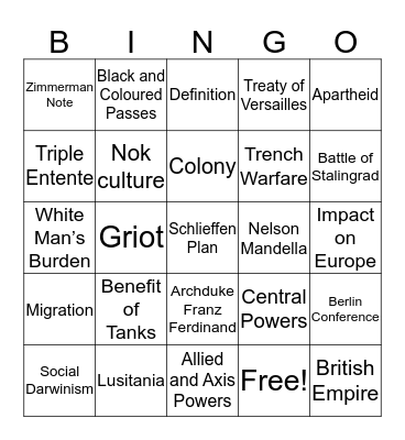Game 1 Bingo Card