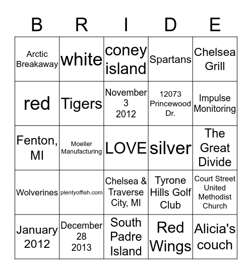 Alicia is getting married! Bingo Card