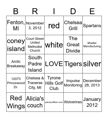 Alicia is getting married! Bingo Card