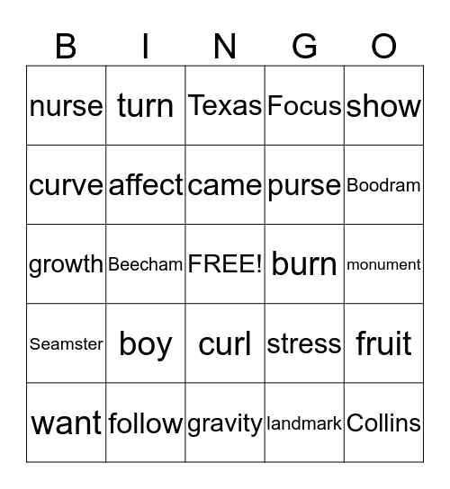 Spelling Words #9 Bingo Card