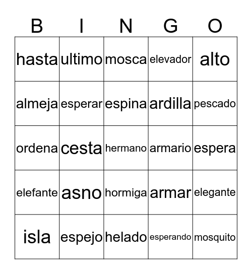 Silabas inversas Bingo Card