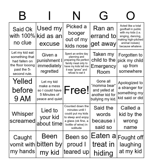 Never Have I Ever Mom Edition Bingo Card