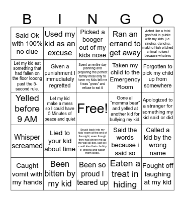 Never Have I Ever Mom Edition Bingo Card