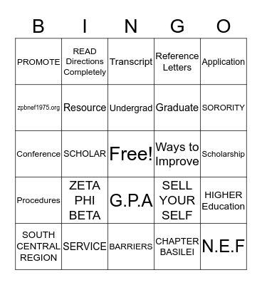 SCHOLARSHIP BINGO Card