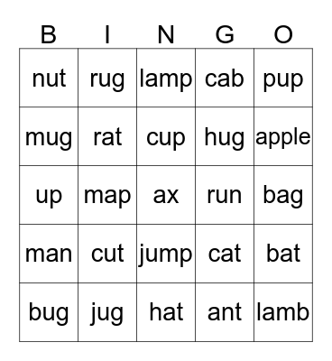 Short Vowel A & U sounds Bingo Card