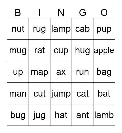 Short Vowel A & U sounds Bingo Card