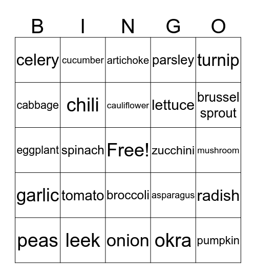 Vegetables Bingo Card