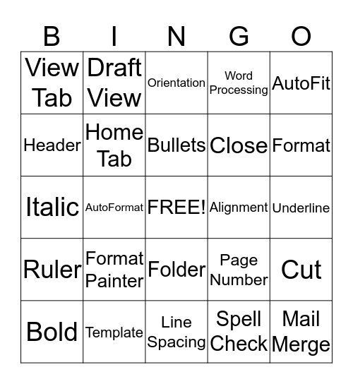 Microsoft Word Bingo Card