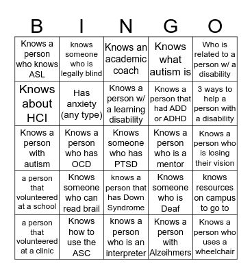 disAbility Awareness week Bingo Card