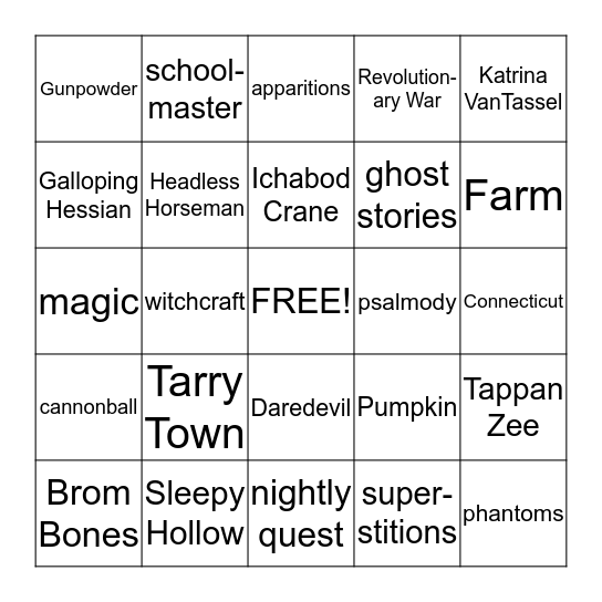 The Legend of Sleepy Hollow Bingo Card