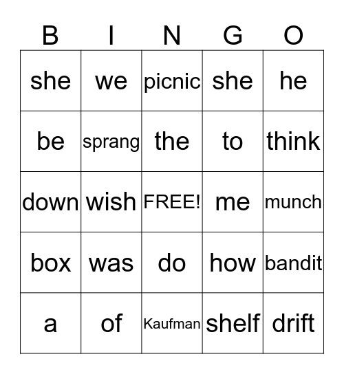 Tricky Word Bingo Card
