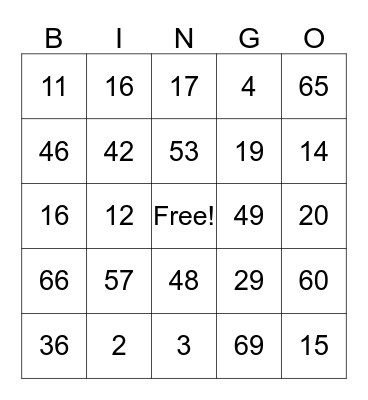 NUMBER Bingo Card