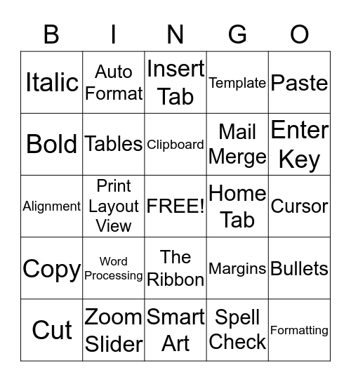 Microsoft Word Bingo Card