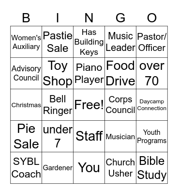 BINGO AT THE SAL -  find a person that has volunteered in these areas or fits one of these SAL descriptions! Bingo Card