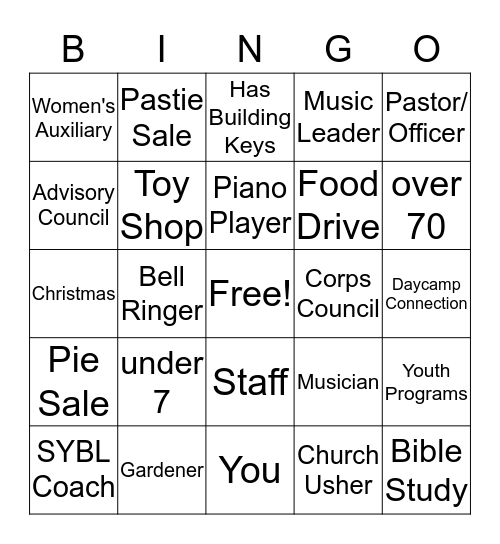 BINGO AT THE SAL -  find a person that has volunteered in these areas or fits one of these SAL descriptions! Bingo Card