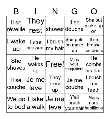 Reflexive Verbs Bingo Card
