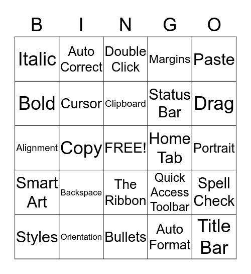 Microsoft Word Bingo Card