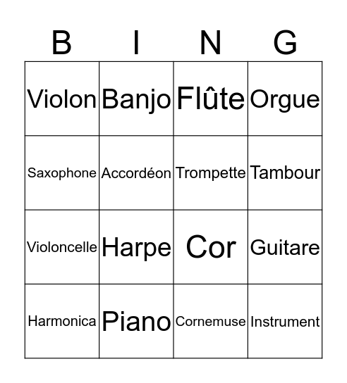 Les instruments de musique  Bingo Card