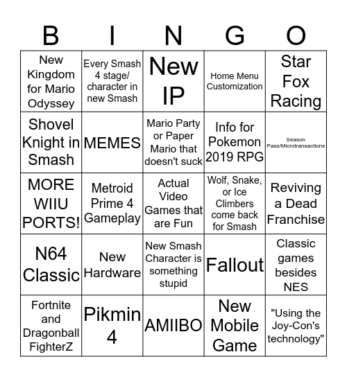 Nintendo E3 2018 Bingo Card