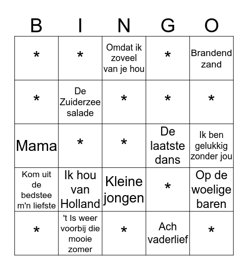 Liedjes Bingo1 Bingo Card