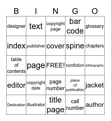 Parts of a Book Bingo Card