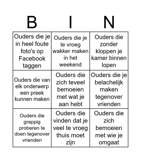 Irritante-ouders-bingo Card