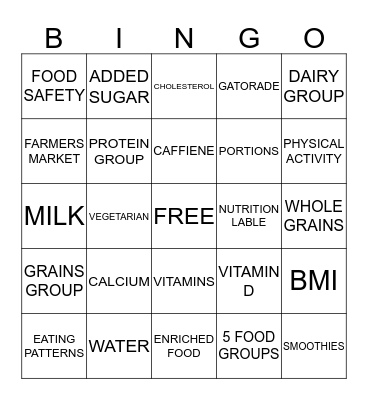 MYPLATE Bingo Card