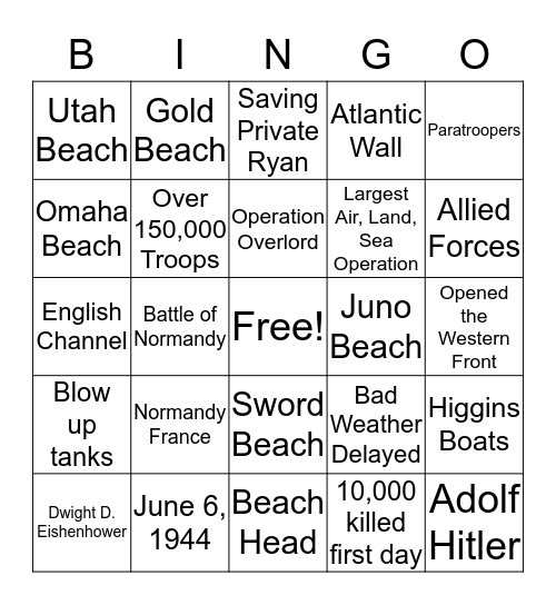 D Day Invasion Bingo Card