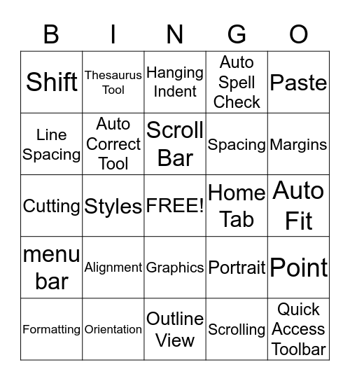 Microsoft Word Bingo Card