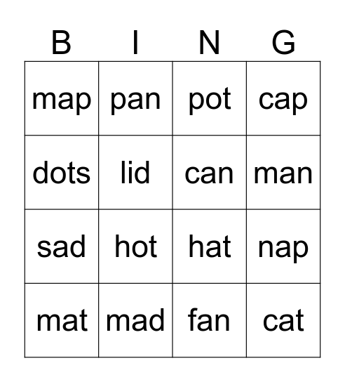 Short Vowel Bingo Card