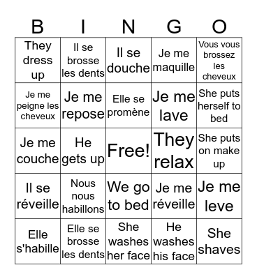 Reflexive Verbs Bingo Card