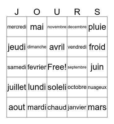 mois, semaines, jours Bingo Card