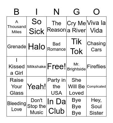 2000's Hits Bingo Card