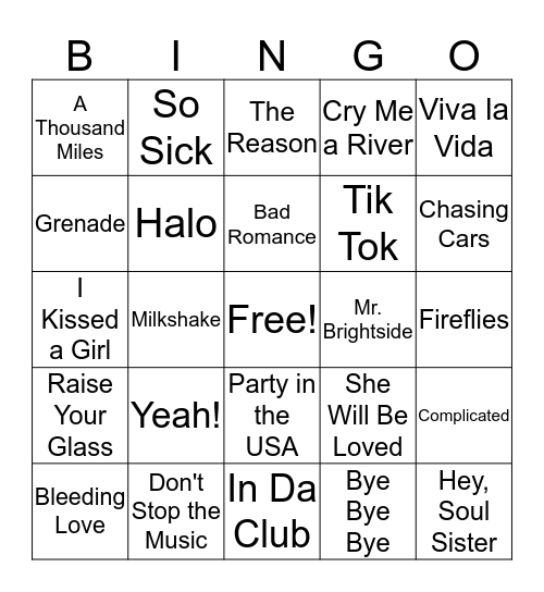 2000's Hits Bingo Card