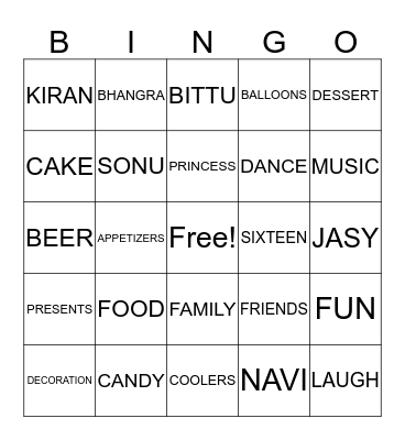 KIRAN'S SWEET 16 Bingo Card