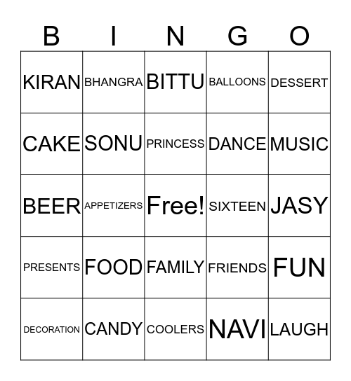 KIRAN'S SWEET 16 Bingo Card