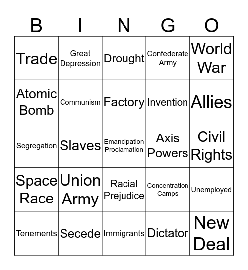 World Studies Vocab Bingo Card