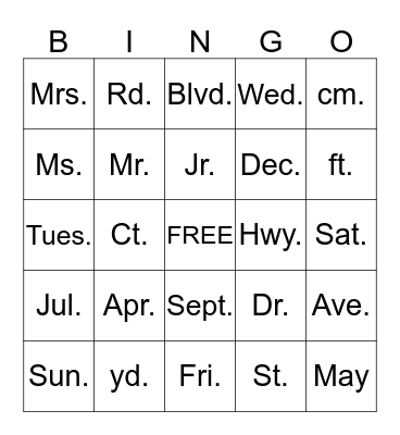 Abbreviations Bingo Card