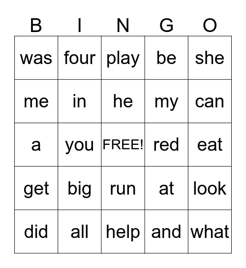 Sight Word Bingo Card