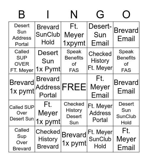Sun Club  Bingo Card