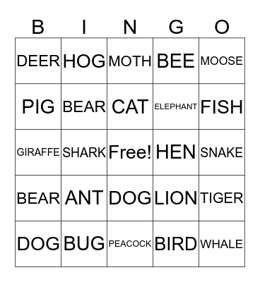 ANIMALS Bingo Card