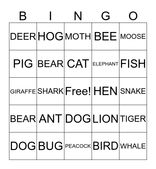 ANIMALS Bingo Card