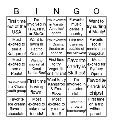 AUSTRALIA EF MEET & GREET Bingo Card