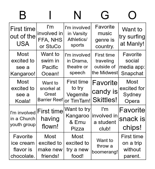 AUSTRALIA EF MEET & GREET Bingo Card