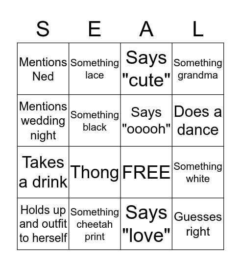 MAMA SEAL LINGERIE PARTY Bingo Card