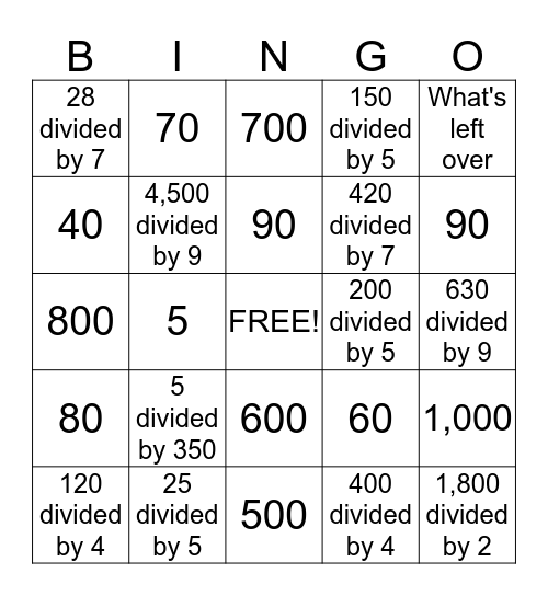 Division Bingo Card