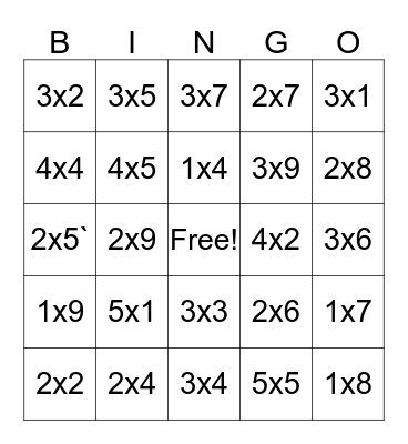 Multiplication Bingo Card