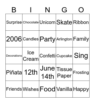 Jazlyn's 12th Birthday Bingo Card