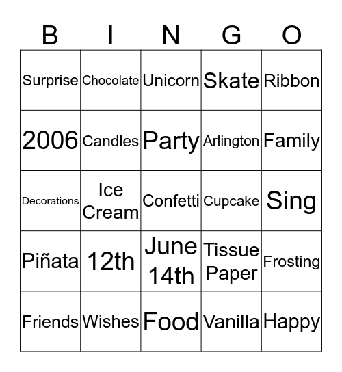 Jazlyn's 12th Birthday Bingo Card