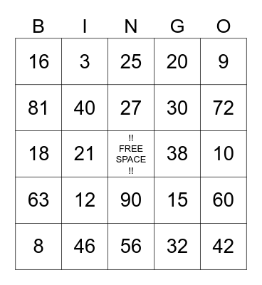 math Bingo Card